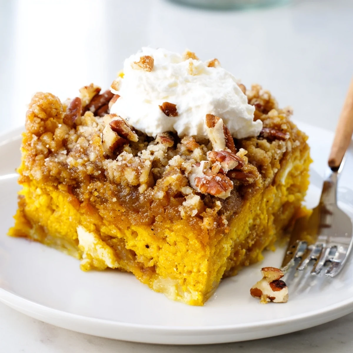 Warm pumpkin dump cake scooped into a bowl beside melting vanilla ice cream