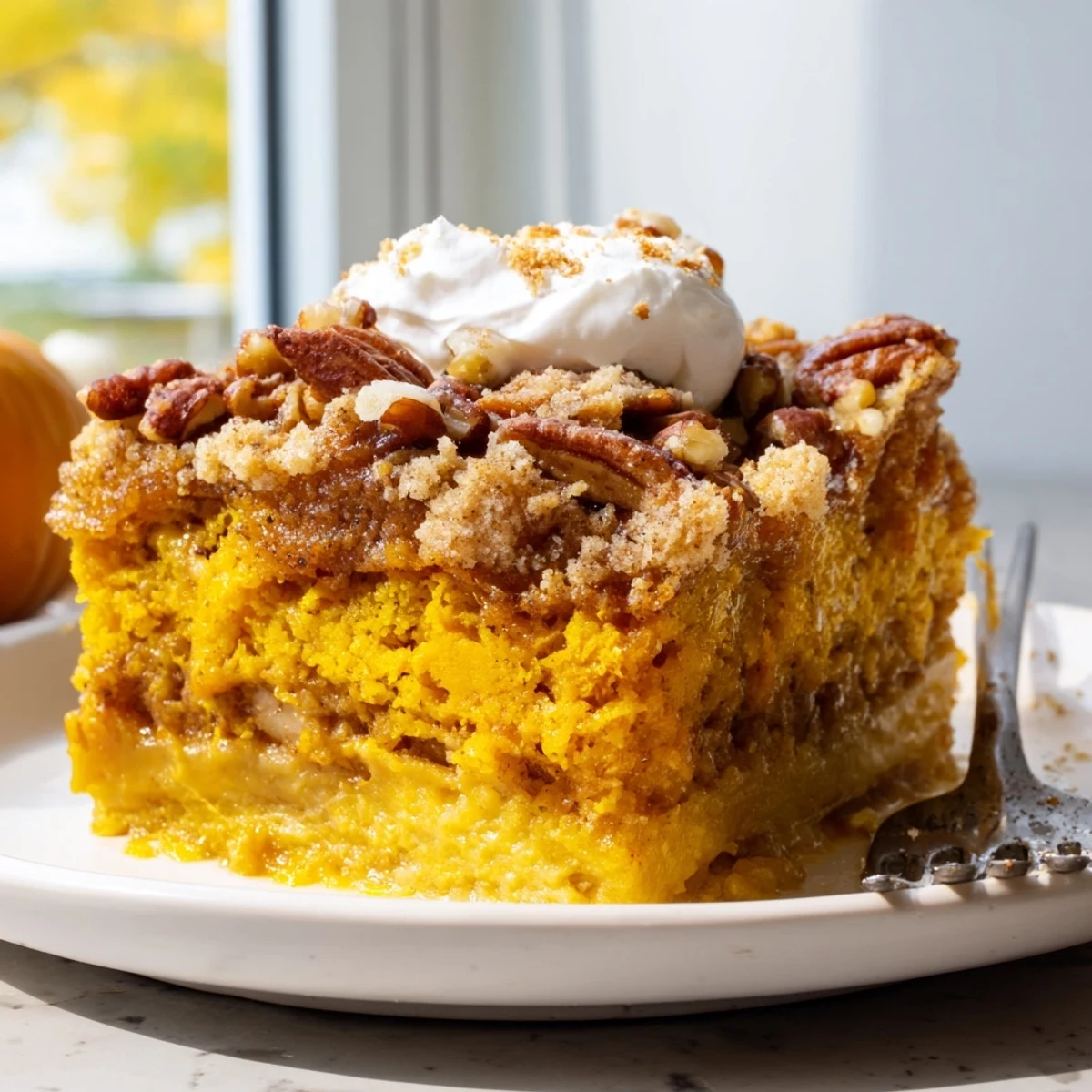 Bubbly pumpkin dump cake with a buttery golden cake mix topping in a baking dish