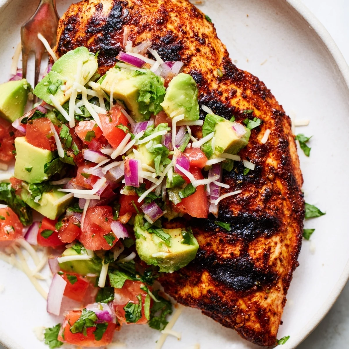 Sizzling grilled Fiesta Lime Chicken topped with creamy avocado and fresh cilantro