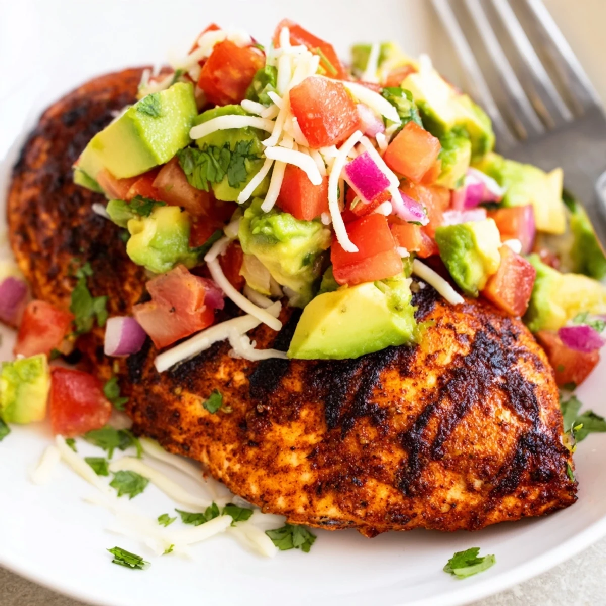 Juicy Fiesta Lime Chicken garnished with lime wedges and melted shredded cheese