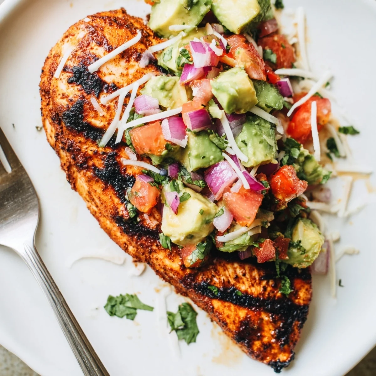 Golden seared Fiesta Lime Chicken With Avocado served over fluffy white rice