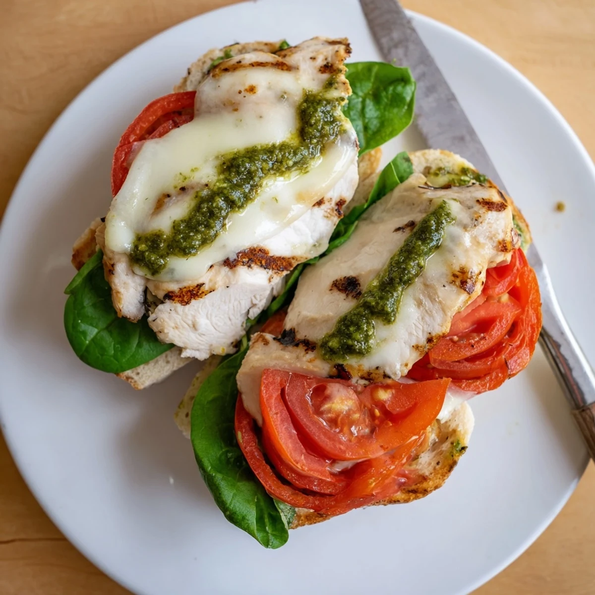 Golden grilled chicken pesto sandwich recipe stacked on a toasted ciabatta roll with melted mozzarella