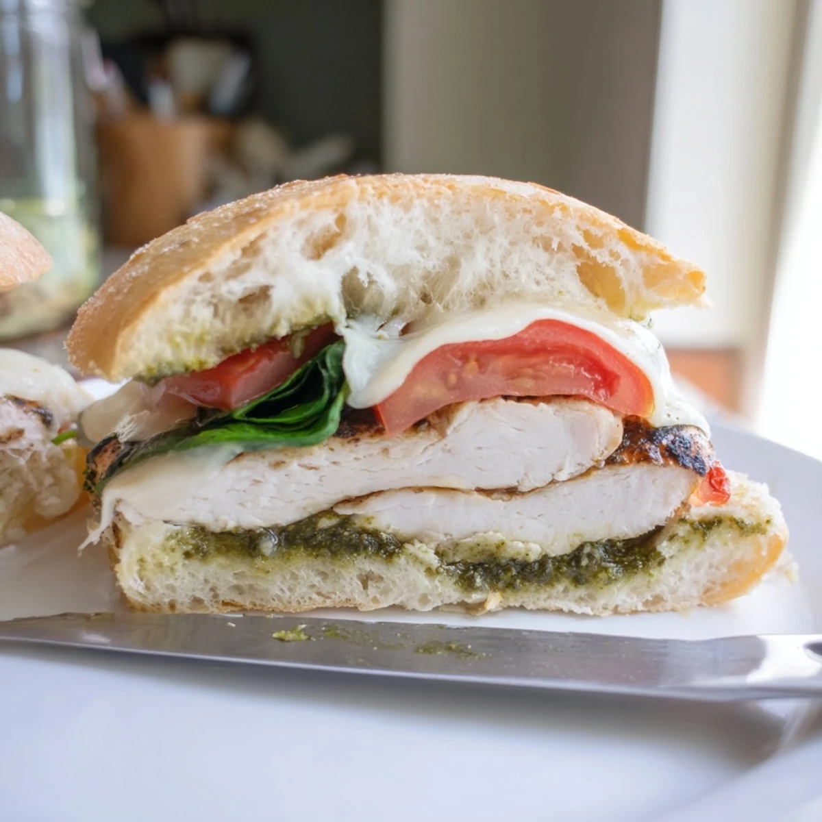 Warm chicken pesto sandwich recipe layered with fresh tomato, arugula, and gooey mozzarella cheese