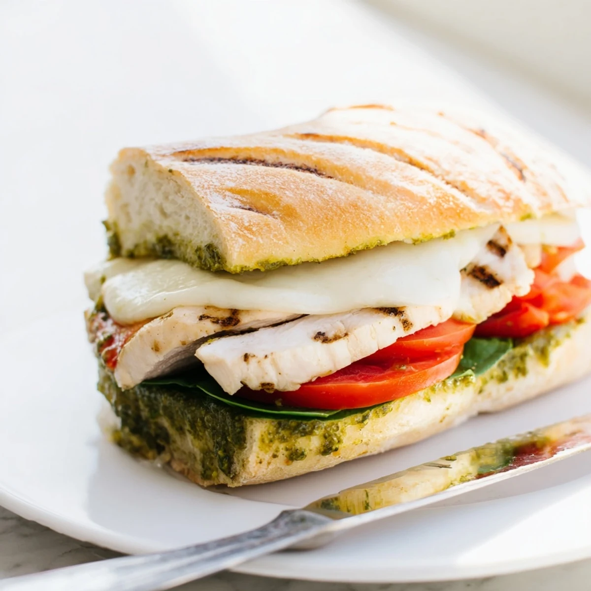 Sliced chicken pesto sandwich recipe served open-faced on crispy ciabatta with basil pesto drizzle