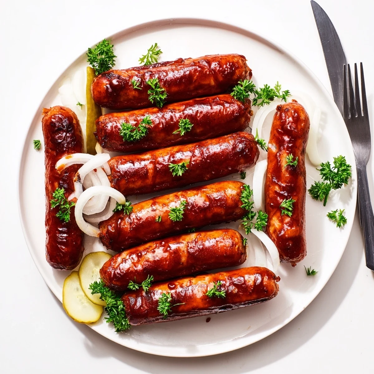 Juicy grilled sausages glazed with tangy barbecue sauce on a warm summer platter