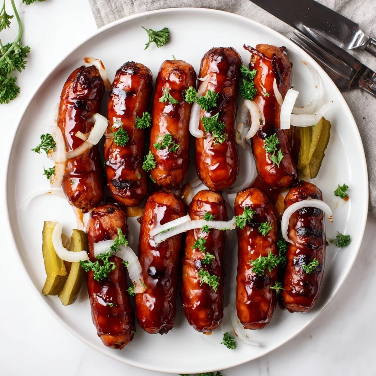 Golden brown sausages brushed with sweet BBQ glaze alongside pickles and onions