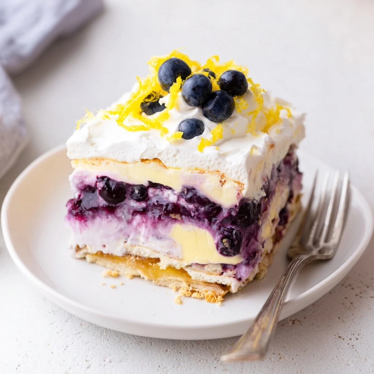 A sliced lemon blueberry lasagna recipe showing creamy layers dotted with juicy purple berries.