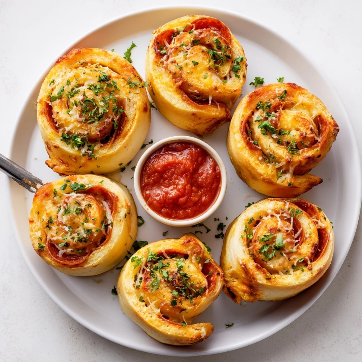 Garlic-butter brushed pepperoni pizza roll breadsticks sliced open to reveal gooey cheesy pepperoni filling