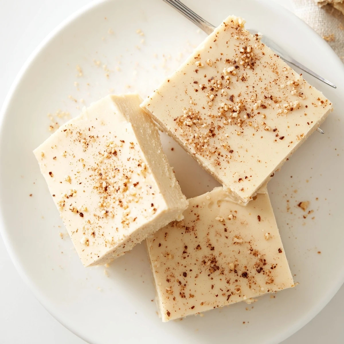 Velvety Eggnog Fudge squares dusted with grated nutmeg, cooling on parchment.