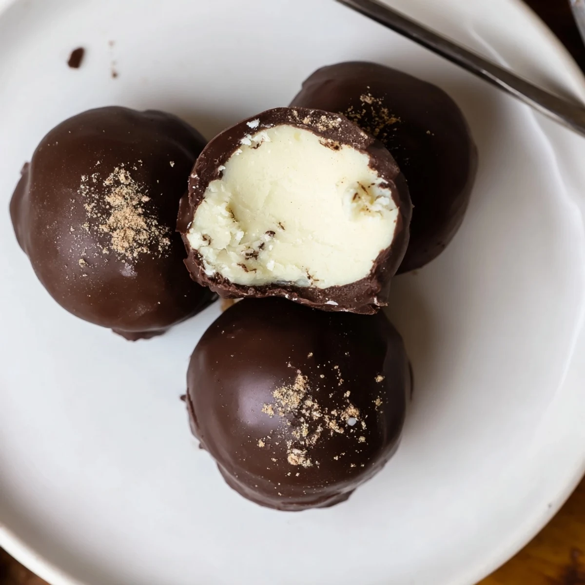 Dark Chocolate Eggnog Truffles glistening with glossy shells, dusted nutmeg, on parchment