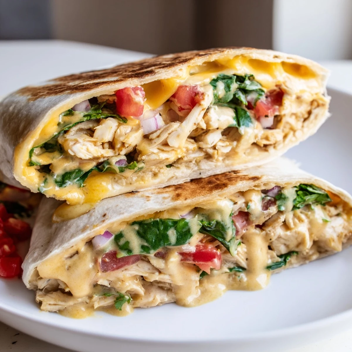 Cheesy Garlic Chicken Wraps steaming on a plate, melted cheddar oozing