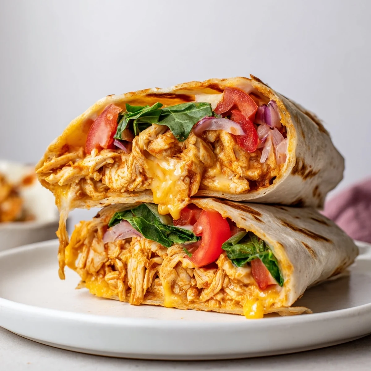Warm Cheesy Garlic Chicken Wraps sliced in half, crisped edges, vibrant tomato