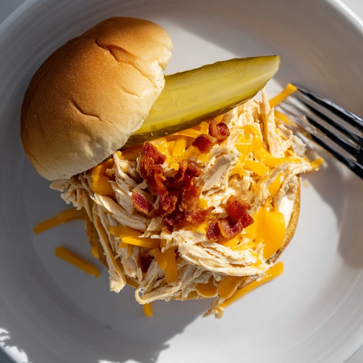 Warm Crack Chicken Sandwiches piled high with gooey cheese and crispy bacon