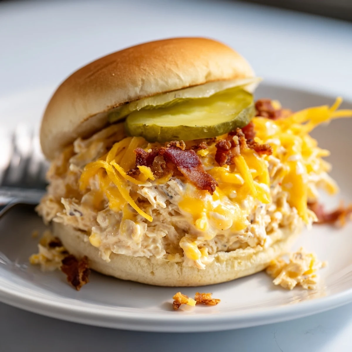 Toasty Crack Chicken Sandwiches open faced showing creamy filling and bacon crumbles