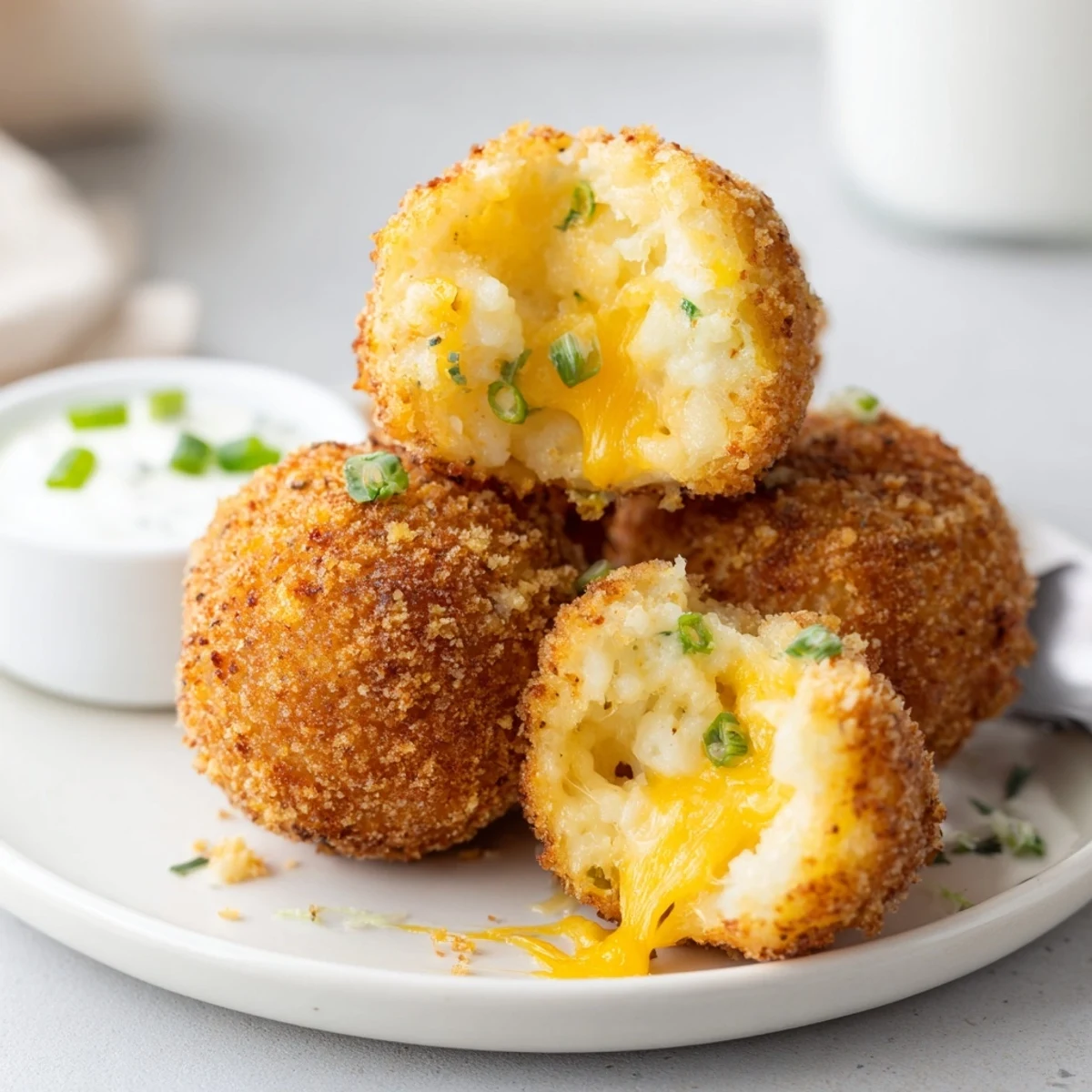 Crisp Fried Mashed Potato Balls revealing warm, creamy cheddar centers when bitten  