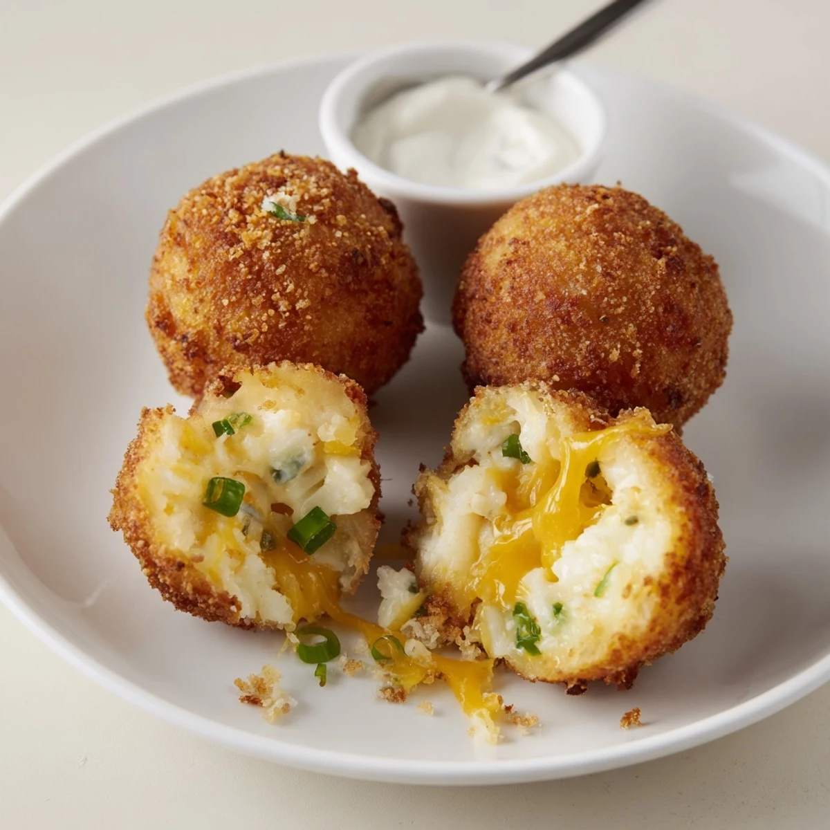 Bite-sized Fried Mashed Potato Balls served with ranch dipping sauce, steam visible