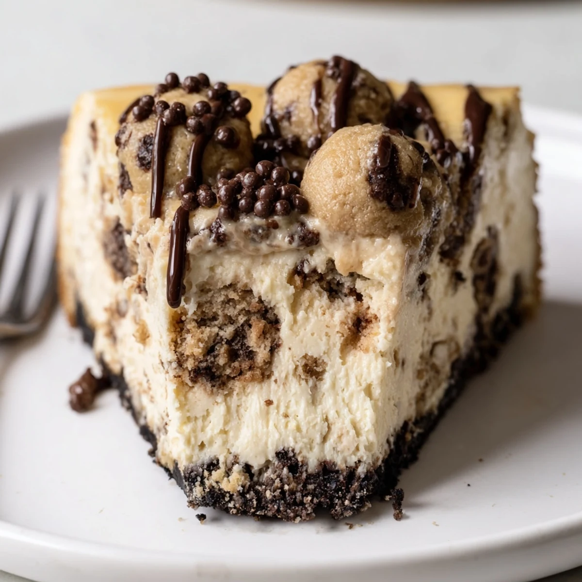 Chocolate Chip Cookie Dough Cheesecake with glossy chocolate chips and marbleized cookie dough