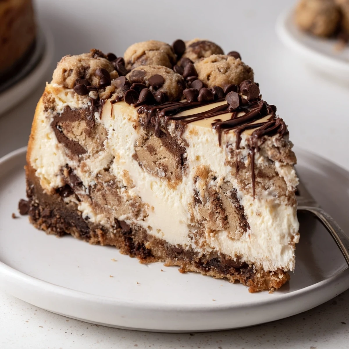 A chilled Chocolate Chip Cookie Dough Cheesecake topped with mini chips and dough