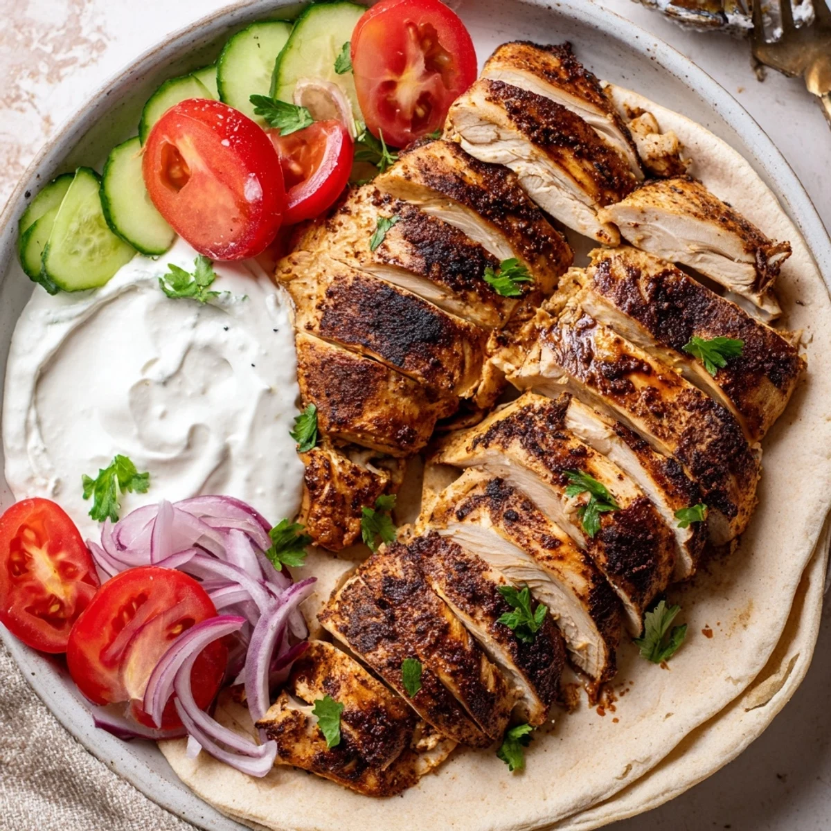 Shawarma Chicken With Garlic Sauce, sliced juicy thighs tucked inside warm pita.