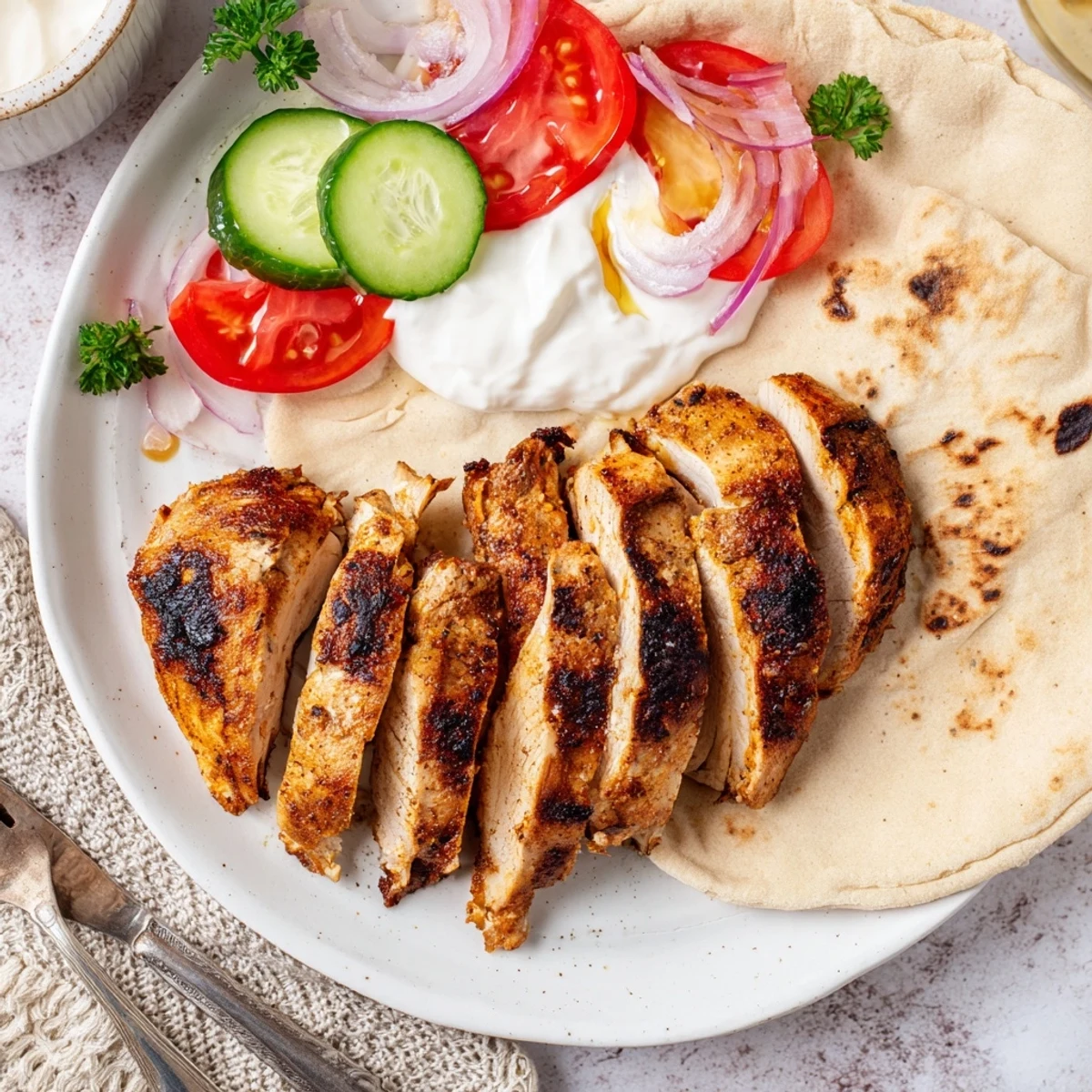 Family-style Shawarma Chicken With Garlic Sauce served with crisp cucumber and parsley.