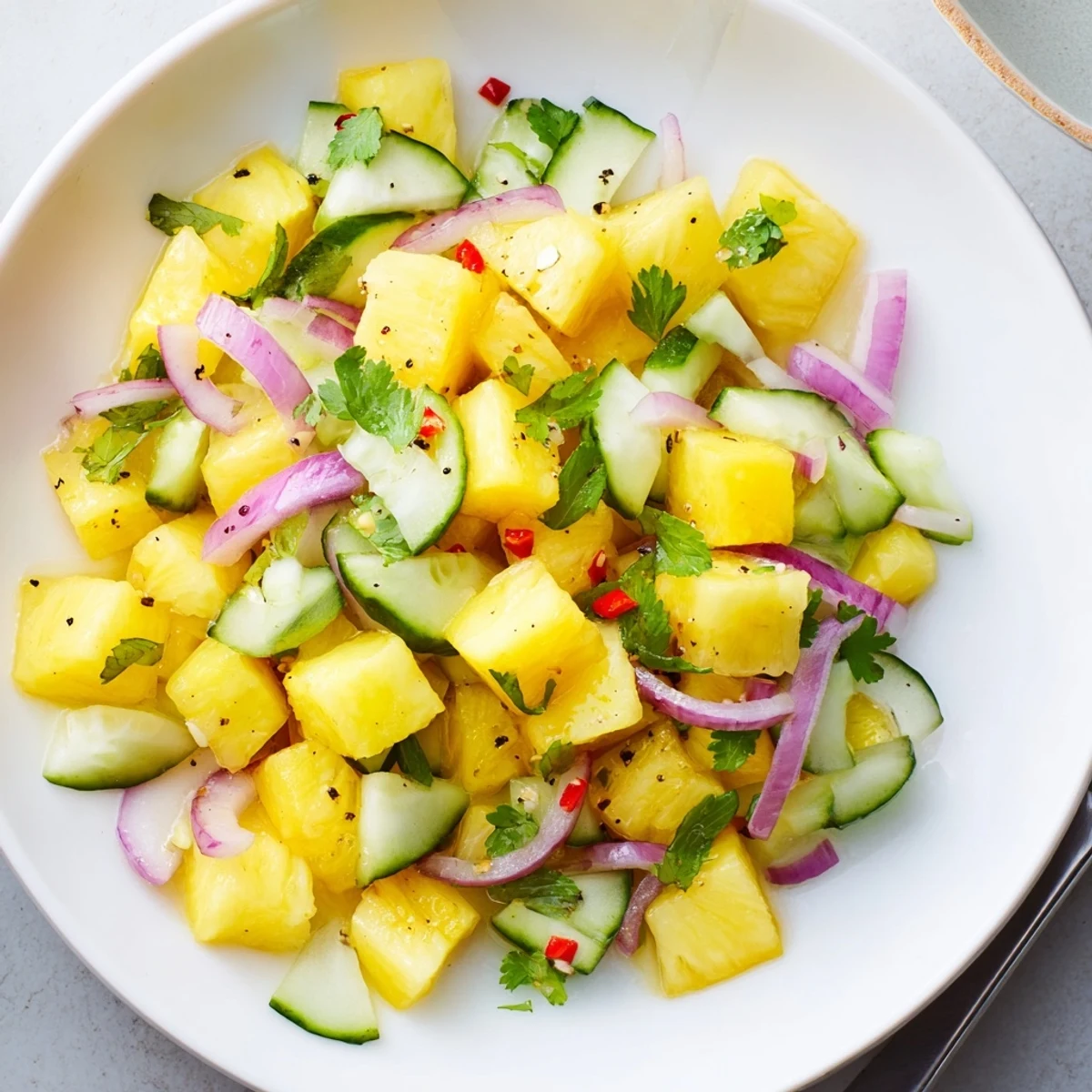 Chilled Pineapple Cucumber Salad tossed with cilantro, red onion, and chili.  