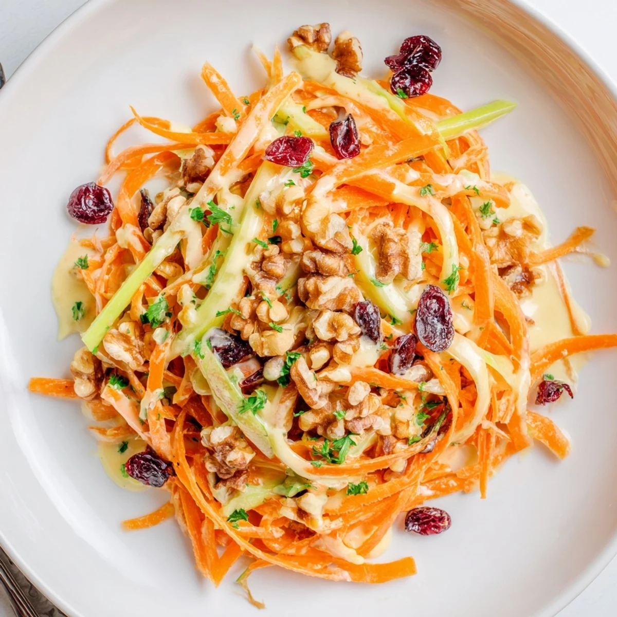 Colorful Crunchy Apple Carrot Salad With Creamy Citrus Dressing, julienned apples, toasted walnuts.