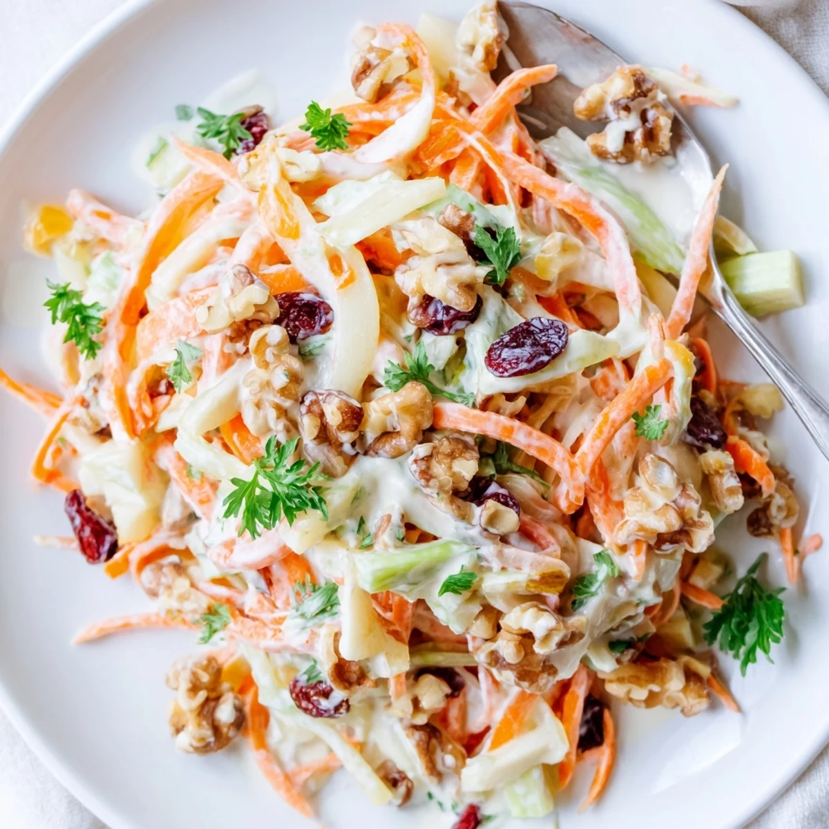 Serve Crunchy Apple Carrot Salad With Creamy Citrus Dressing chilled, nutty texture complements fish.