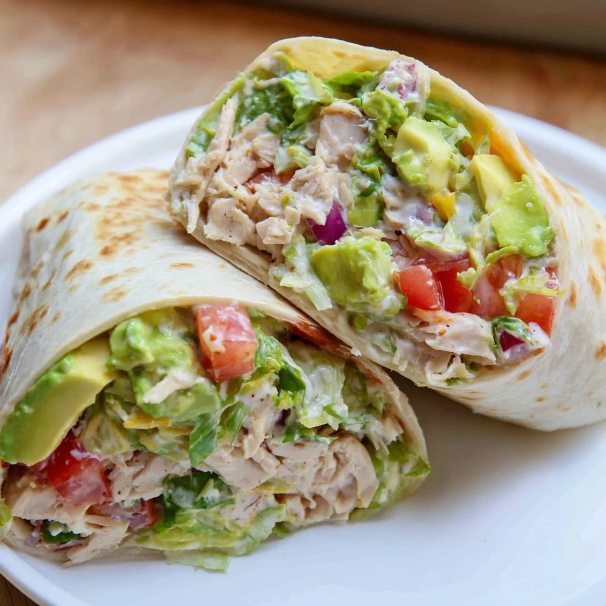 Skillet toasted Chicken Avocado Ranch Burritos cut in halves, creamy filling oozing