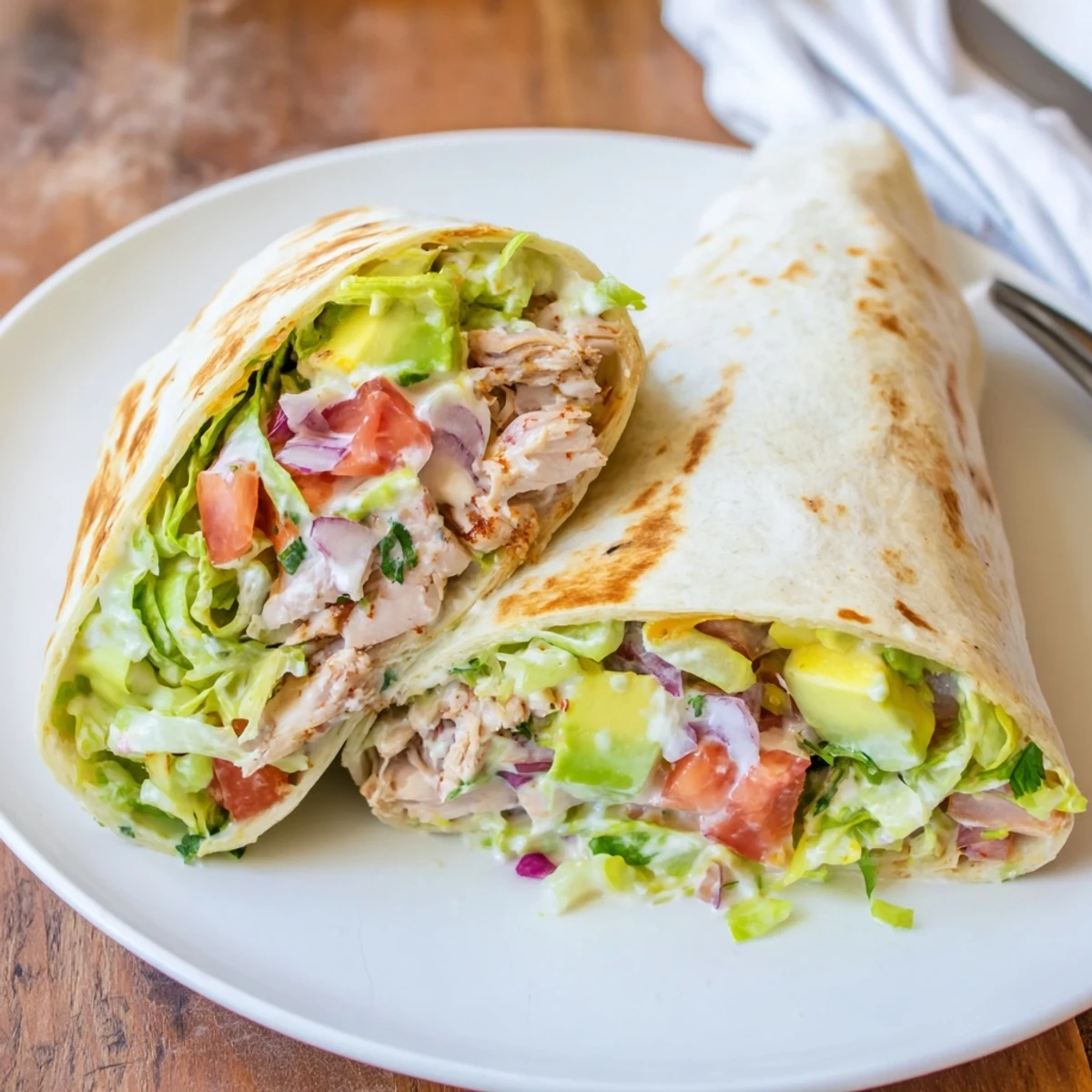 Plate of Chicken Avocado Ranch Burritos with crisp romaine, diced tomato, zesty ranch