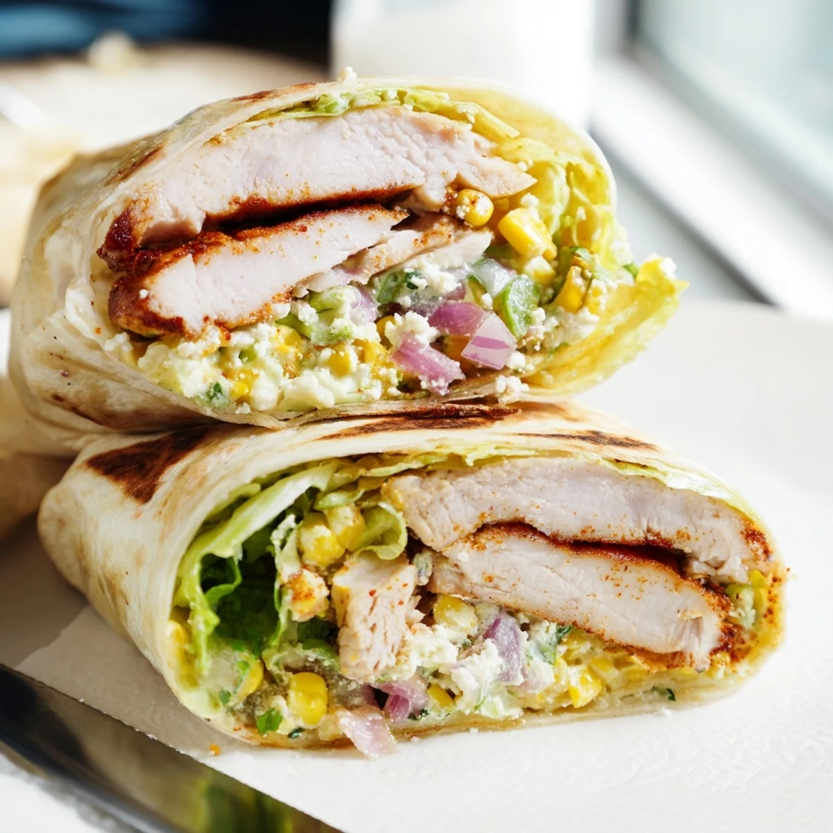 Grilled chicken peeking from Quick Mexican Street Corn Chicken Wraps, zesty and crunchy