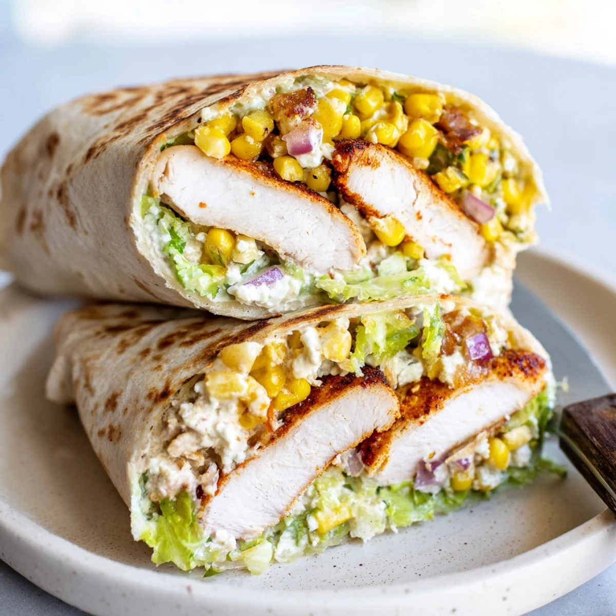 Quick Mexican Street Corn Chicken Wraps with charred corn, creamy lime sauce