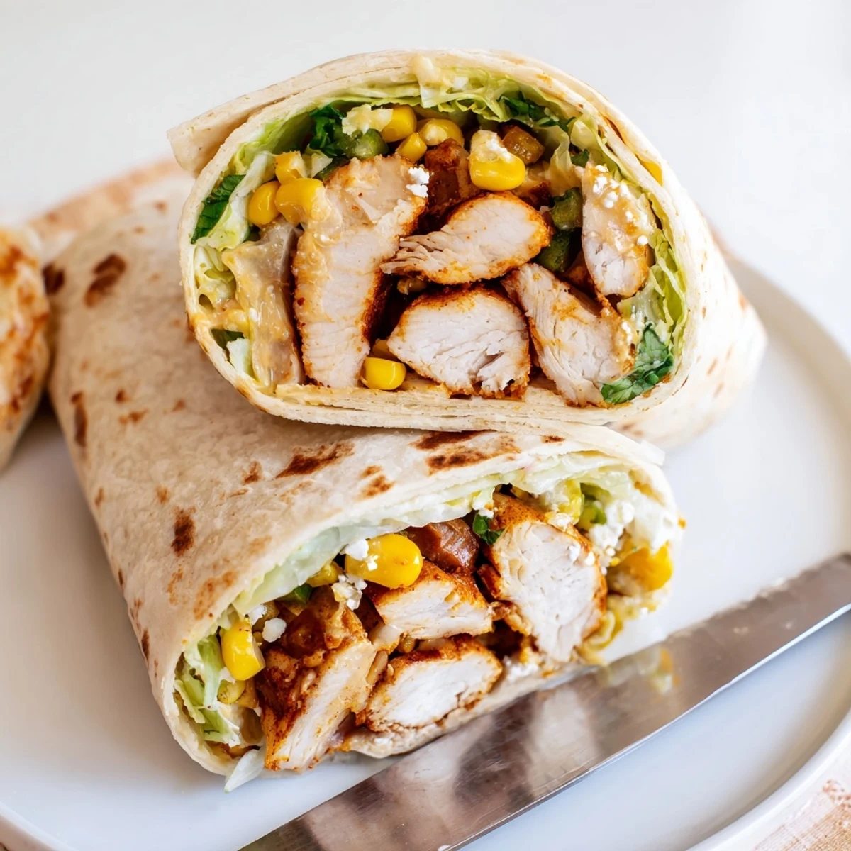 Serving suggestion: Quick Mexican Street Corn Chicken Wraps halved, cilantro and lime wedges alongside