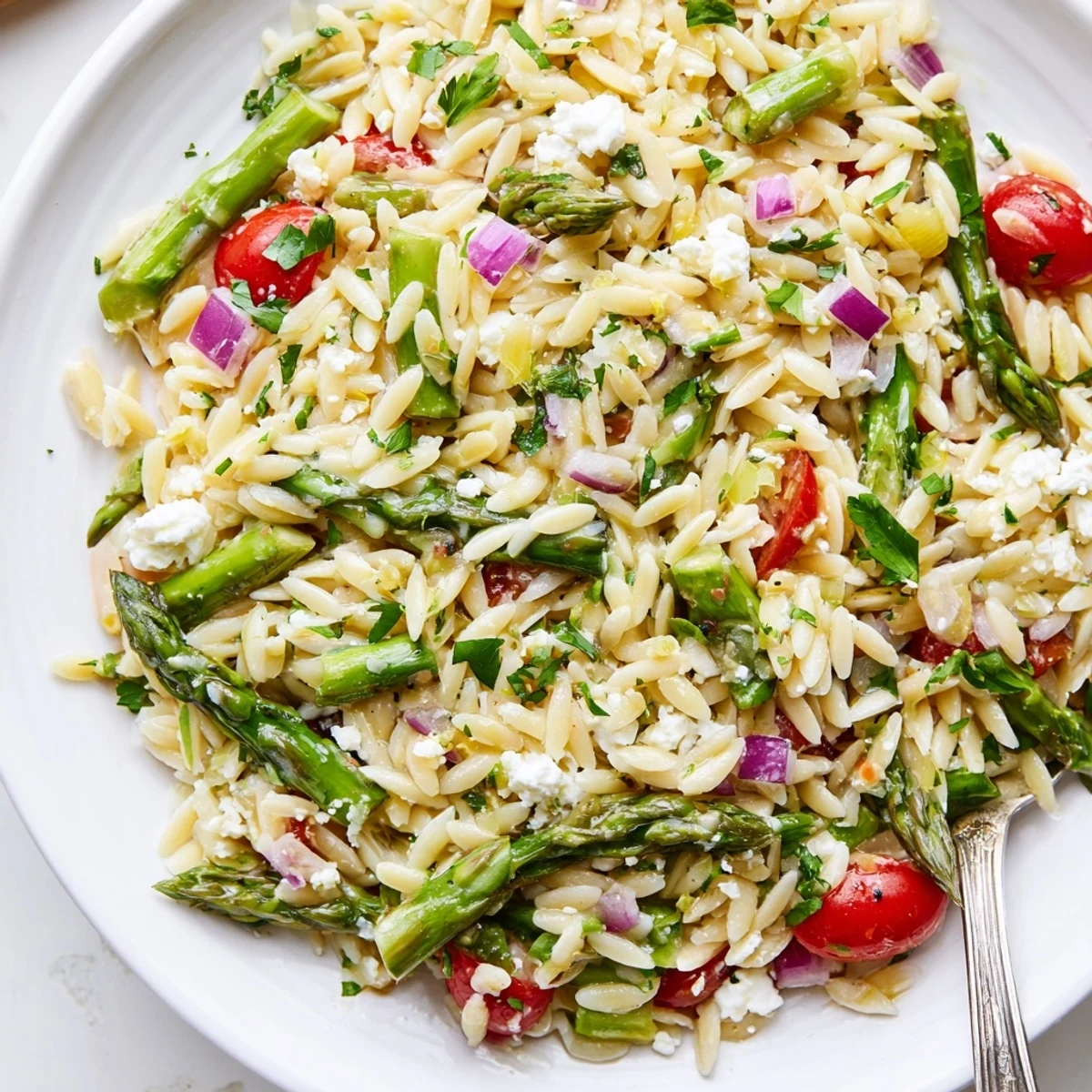 Asparagus Orzo Salad With Lemon Vinaigrette, vibrant colors and zesty citrus aroma