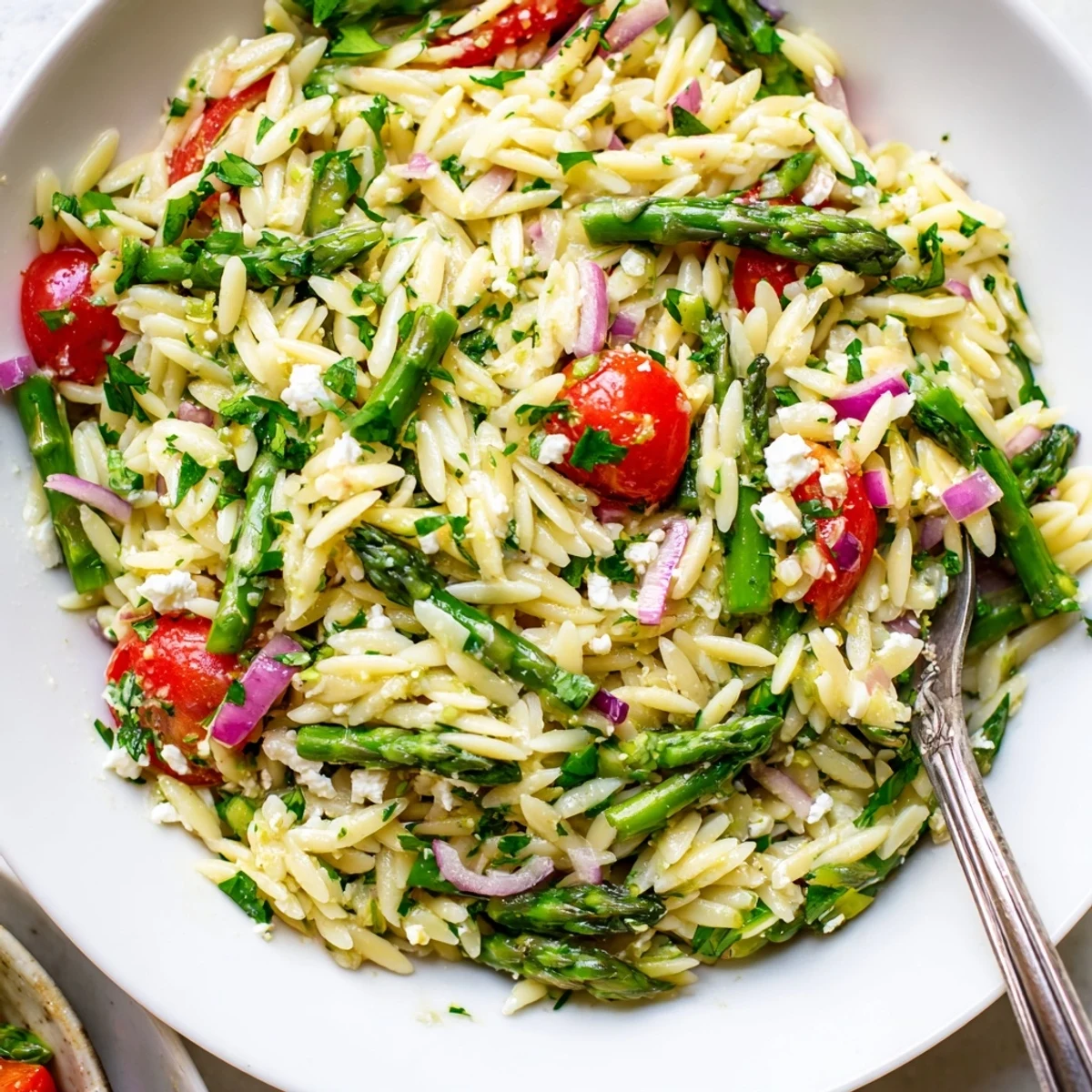Light Asparagus Orzo Salad With Lemon Vinaigrette served chilled, herbal parsley fragrance
