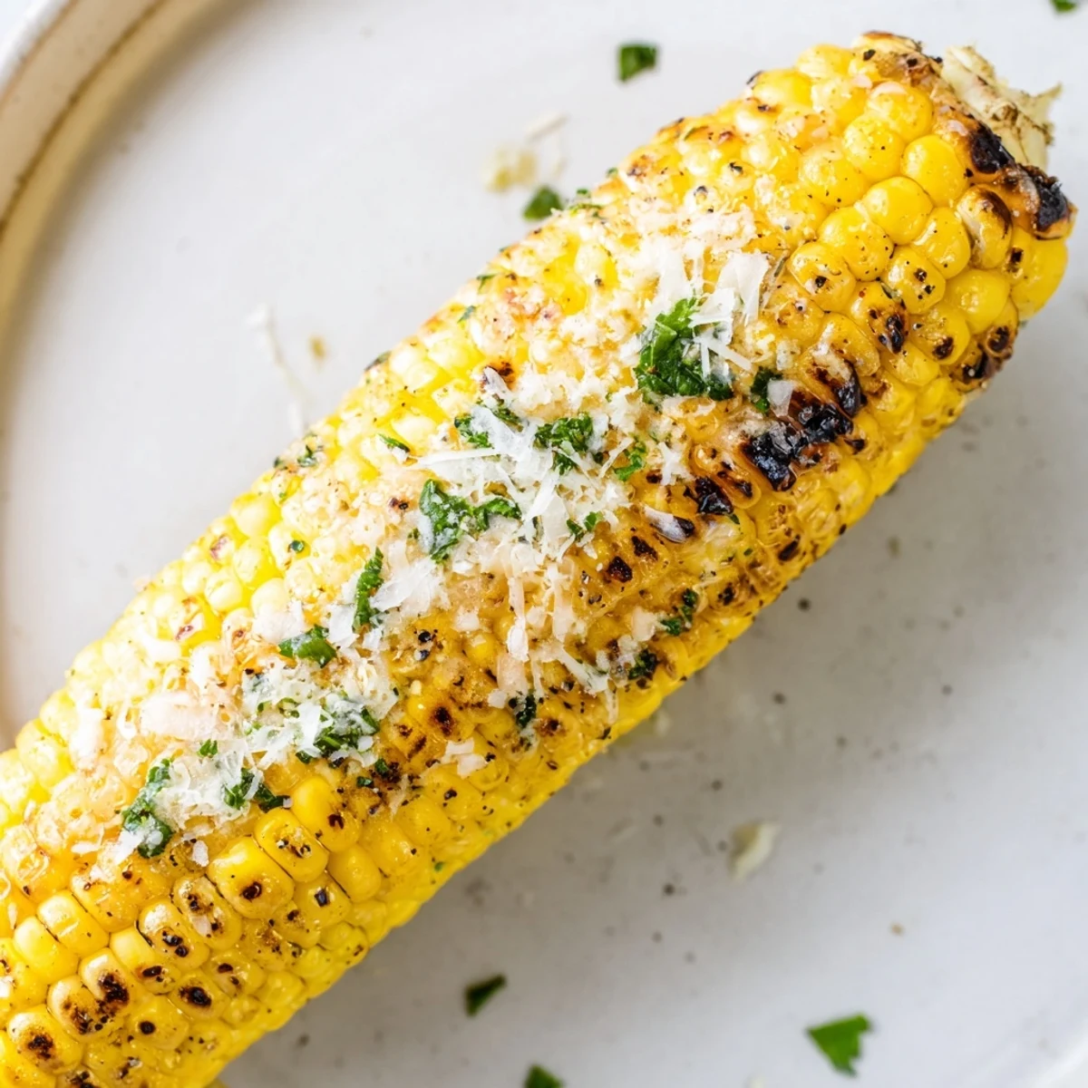 Garlic Parmesan Corn On The Cob sizzling with charred kernels and melted butter