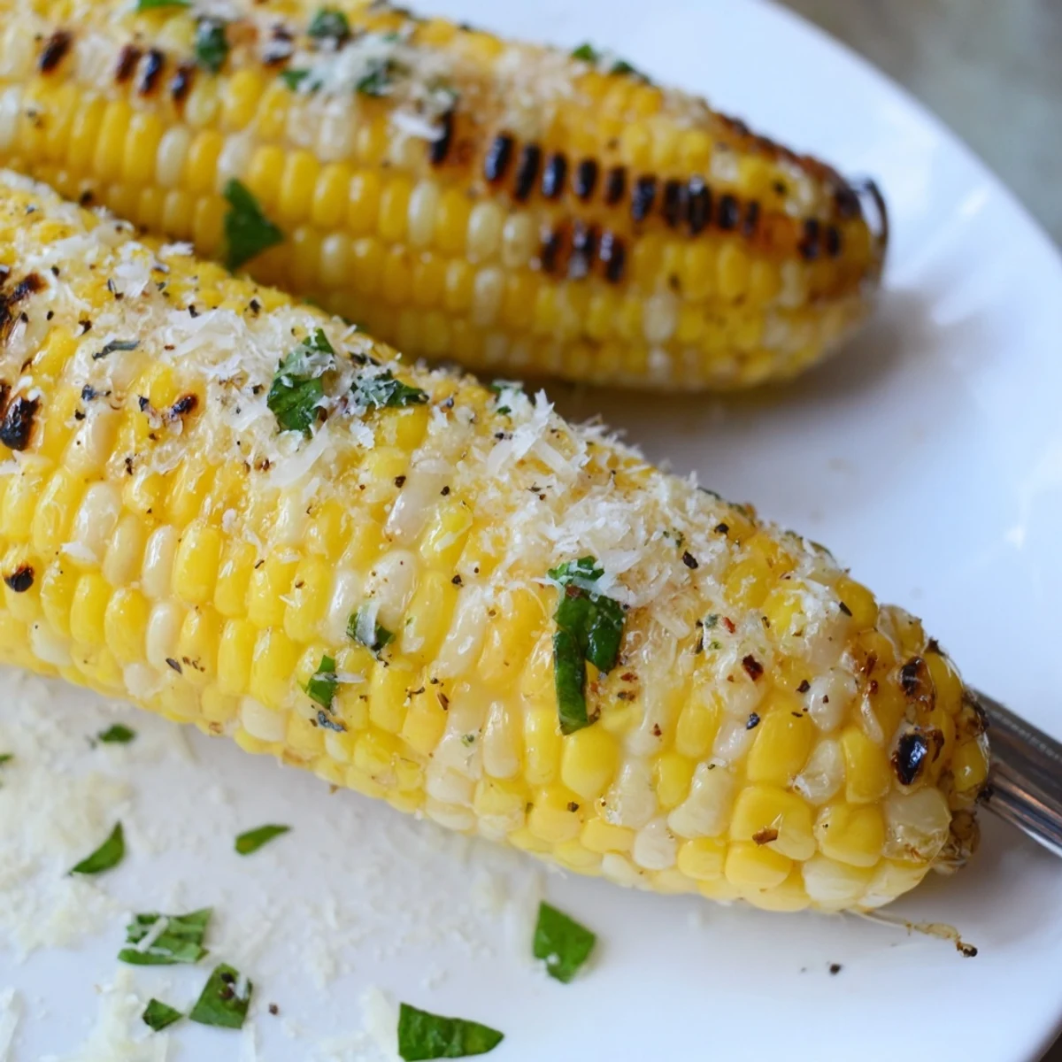 Grilled Garlic Parmesan Corn On The Cob brushed with garlicky butter, Parmesan