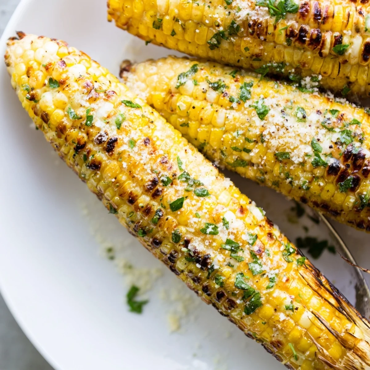 Garlic Parmesan Corn On The Cob served hot, topped with parsley and lemon