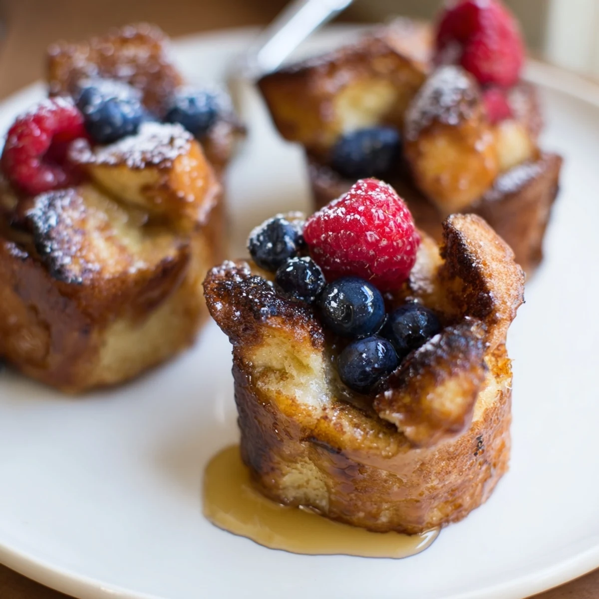 Baked French Toast Cups with golden edges, fluffy centers, berries and syrup