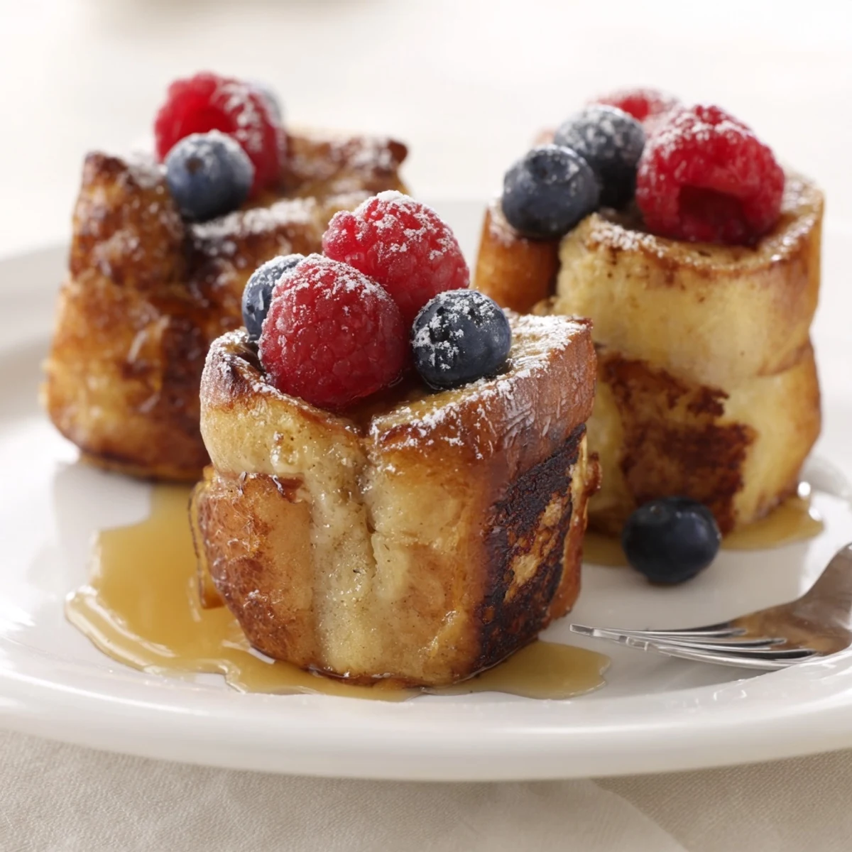 Warm Baked French Toast Cups cooling in tin, dusted with powdered sugar