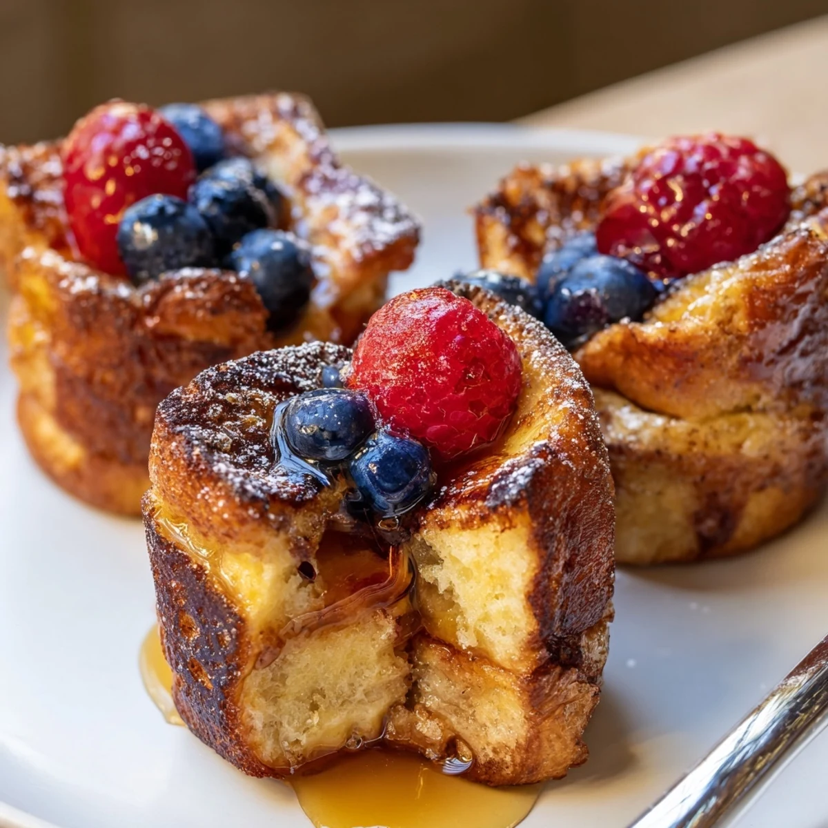 Individual Baked French Toast Cups crisp outside, custardy inside, served with maple