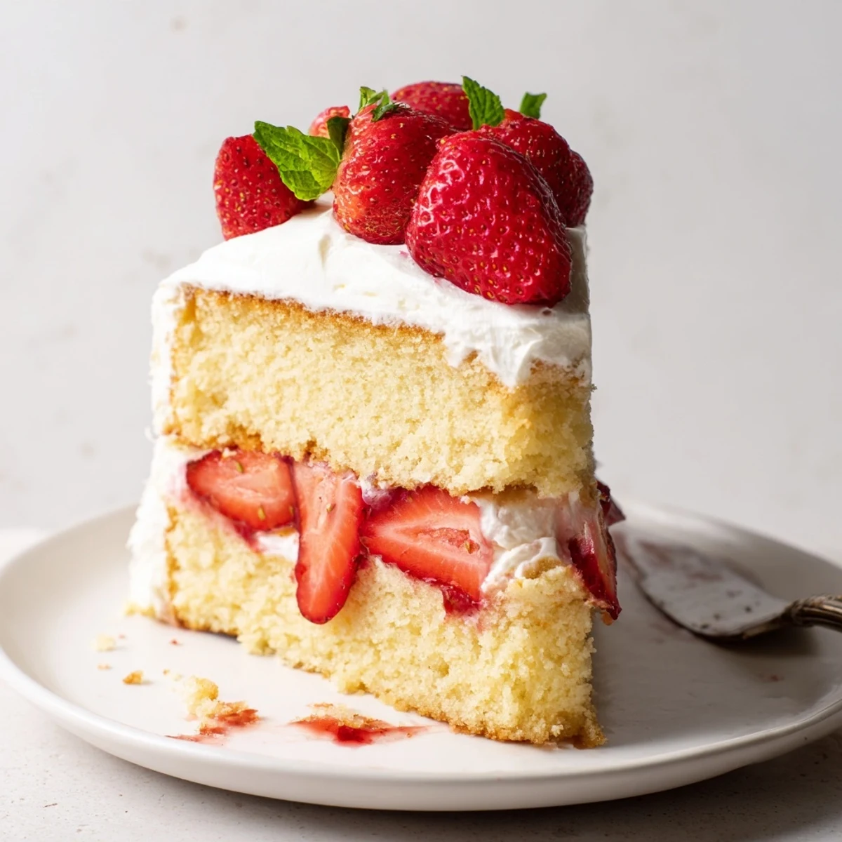 Strawberries And Cream Sponge Cake with pillowy layers and glossy sliced berries