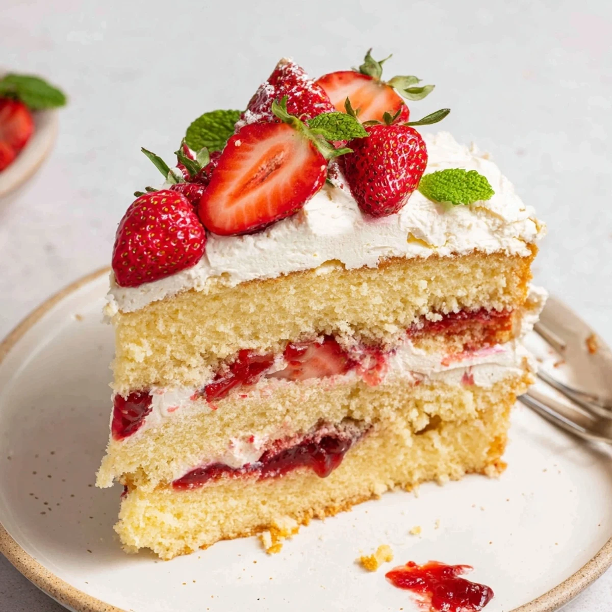 Sliced Strawberries And Cream Sponge Cake, chilled with creamy filling and mint