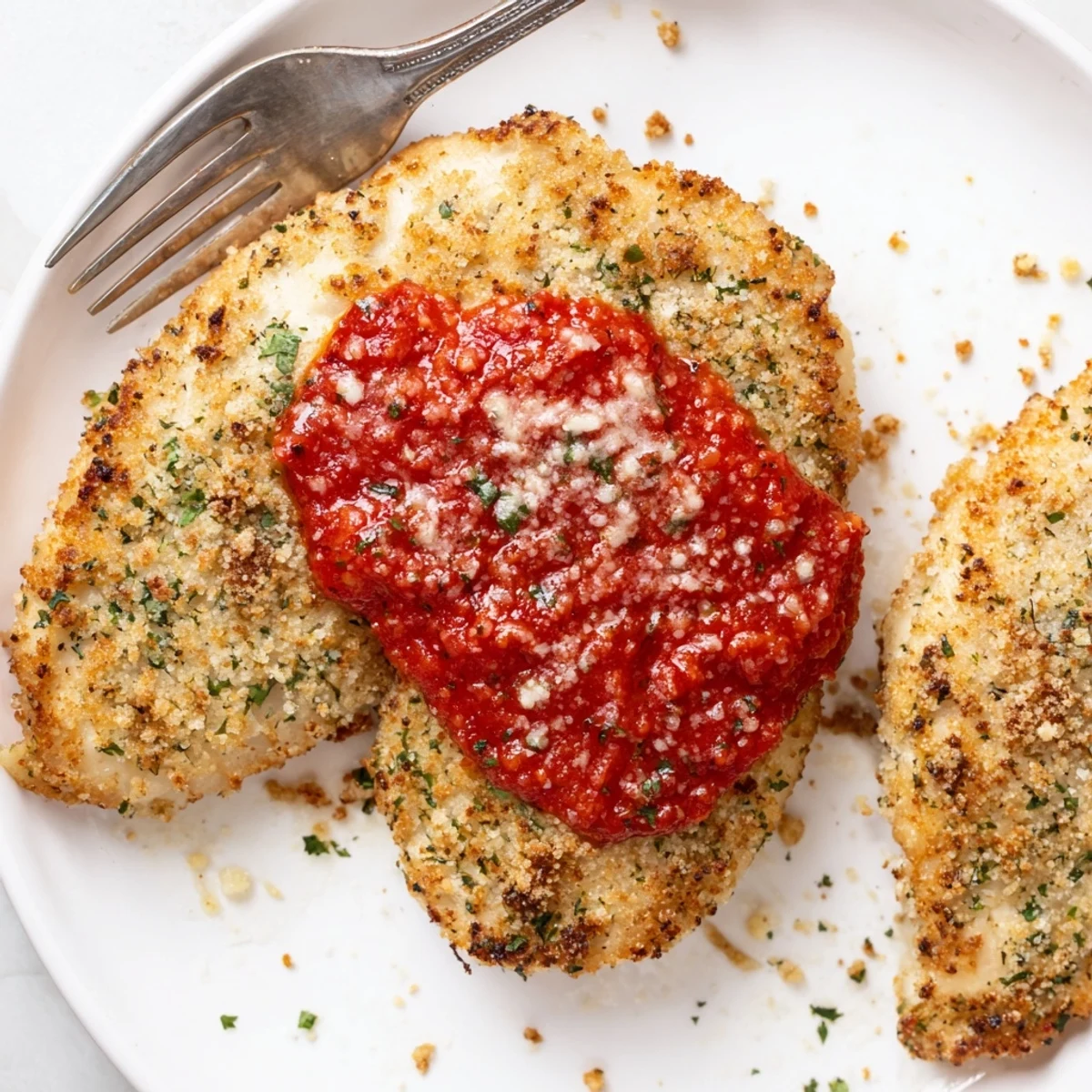 Parmesan Roasted Red Pepper Chicken on skillet with golden crust and sauce