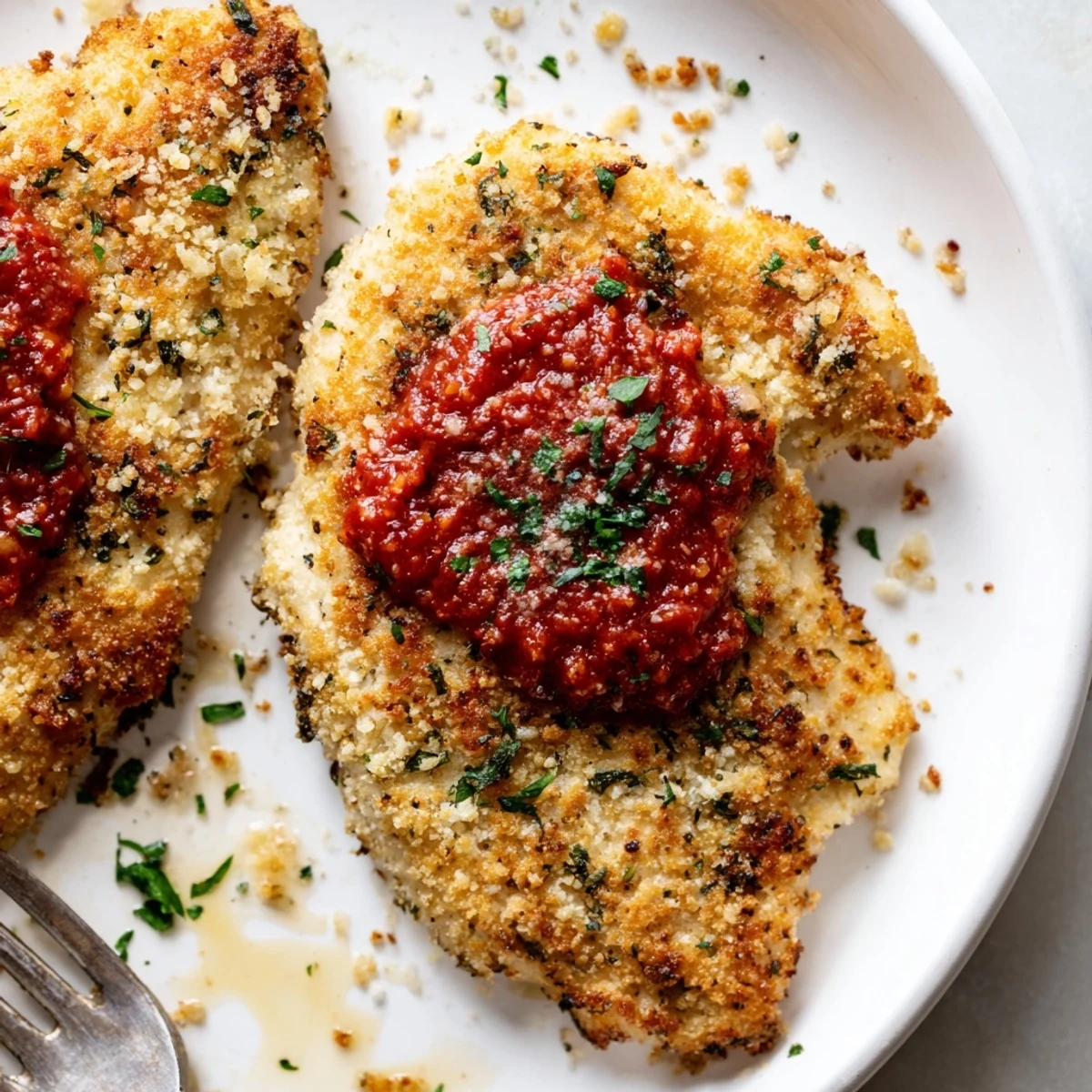 Slice of Parmesan Roasted Red Pepper Chicken topped with smoky red pepper sauce
