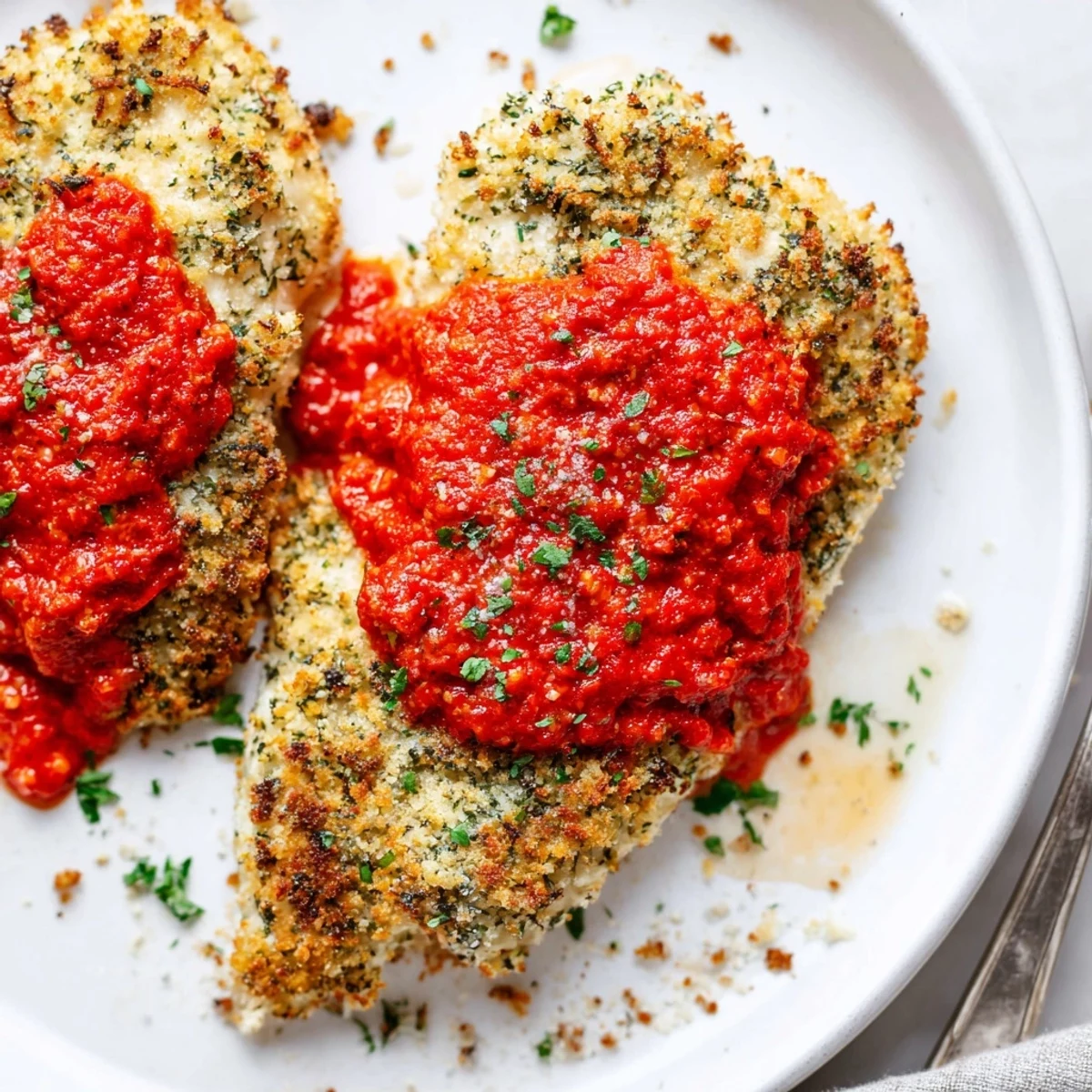 Oven baked Parmesan Roasted Red Pepper Chicken with crisp golden crust and parsley