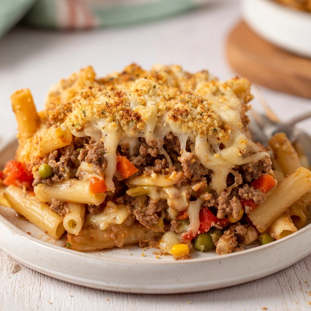 Hearty Cheesy Baked Casserole bubbling with golden cheese, served with crusty bread.