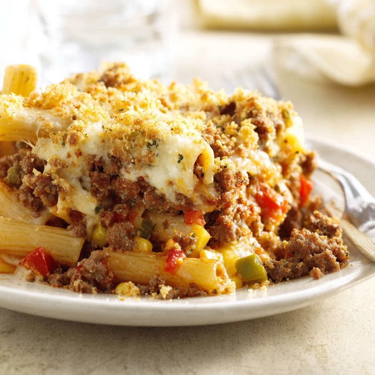 Warm Hearty Cheesy Baked Casserole layered with pasta, savory meat, and veggies.