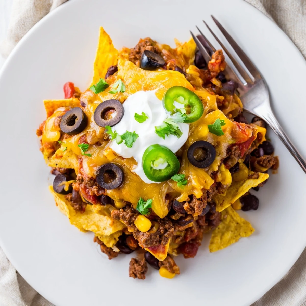 Cheesy Nacho Casserole bubbling with gooey cheddar, layers of seasoned beef
