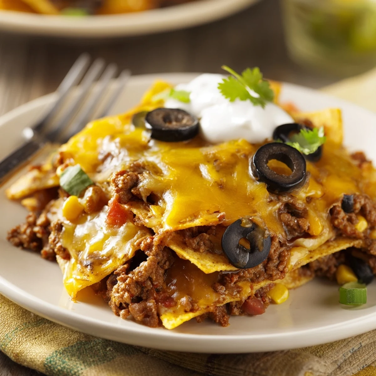 Bubbling golden cheese over crunchy chips makes this Cheesy Nacho Casserole irresistible