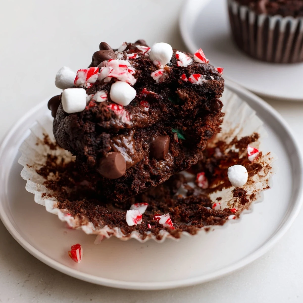 Peppermint Hot Chocolate Muffins cooling on wire rack, chocolate chunks melting